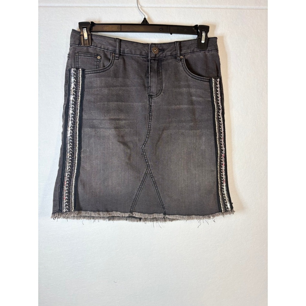 Baccini Denim Mini Skirt Womens 4 Gray Embellished Side Stripe Frayed Raw Hem